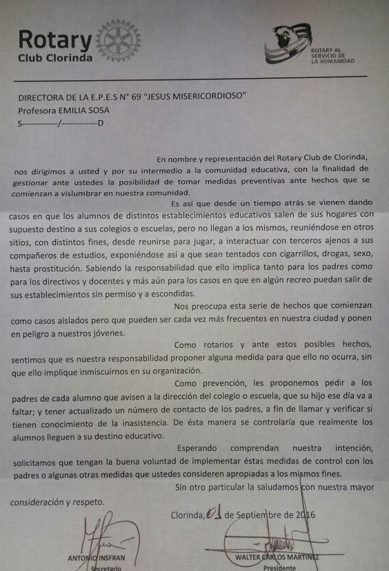 La nota enviada a distintas instituciones educativas. 